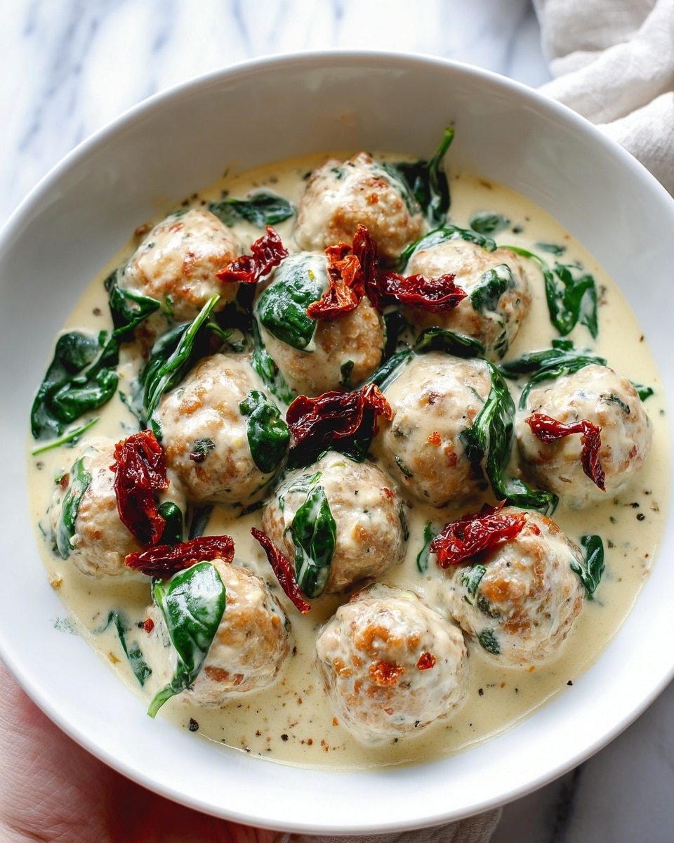 A white bowl filled with about twelve round meatballs in a creamy white sauce, each meatball lightly browned and textured, partially covered with wilted dark green spinach leaves scattered around. Small pieces of dark red sun-dried tomatoes sit on top of the meatballs, adding color contrast. The creamy sauce has a smooth, slightly thick texture with small specks of herbs or seasoning visible throughout, filling the bowl evenly around the ingredients. The bowl is held by a woman's hand, and the background features a white marbled texture. photo taken with an iphone --ar 4:5 --v 7