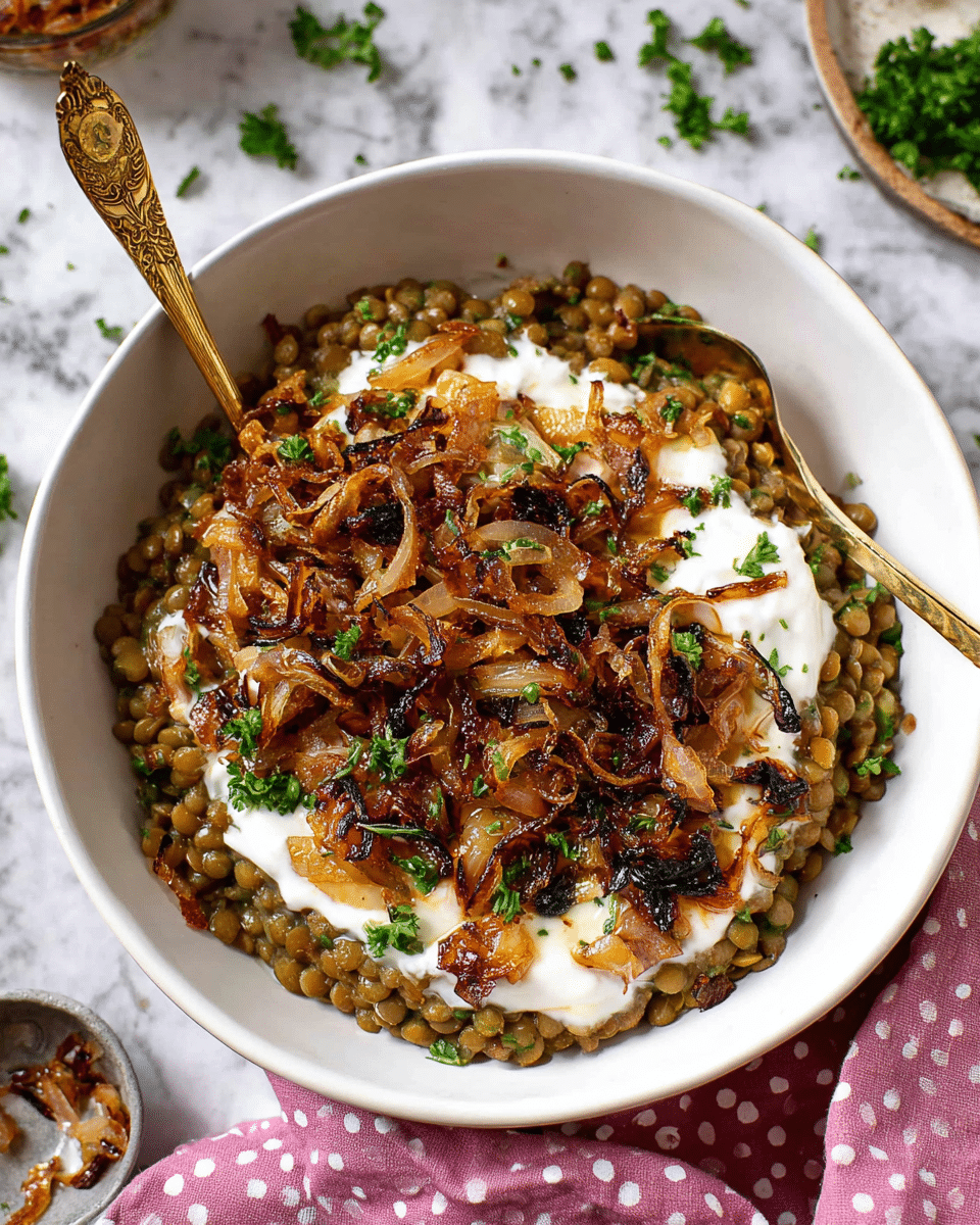 In a white bowl, a base layer of cooked lentils and grains in greenish-brown shades fills the bowl. On top, a creamy layer of white yogurt or sauce is spread unevenly. The topmost layer consists of caramelized onions, golden brown with hints of darker charred edges, scattered generously. Small green parsley leaves are sprinkled across the dish, adding a fresh contrast. A gold spoon with ornate detailing rests inside the bowl, partially dipped in the layers. The bowl sits on a white marbled surface with some parsley leaves and a pink cloth with white polka dots nearby. Photo taken with an iphone --ar 4:5 --v 7