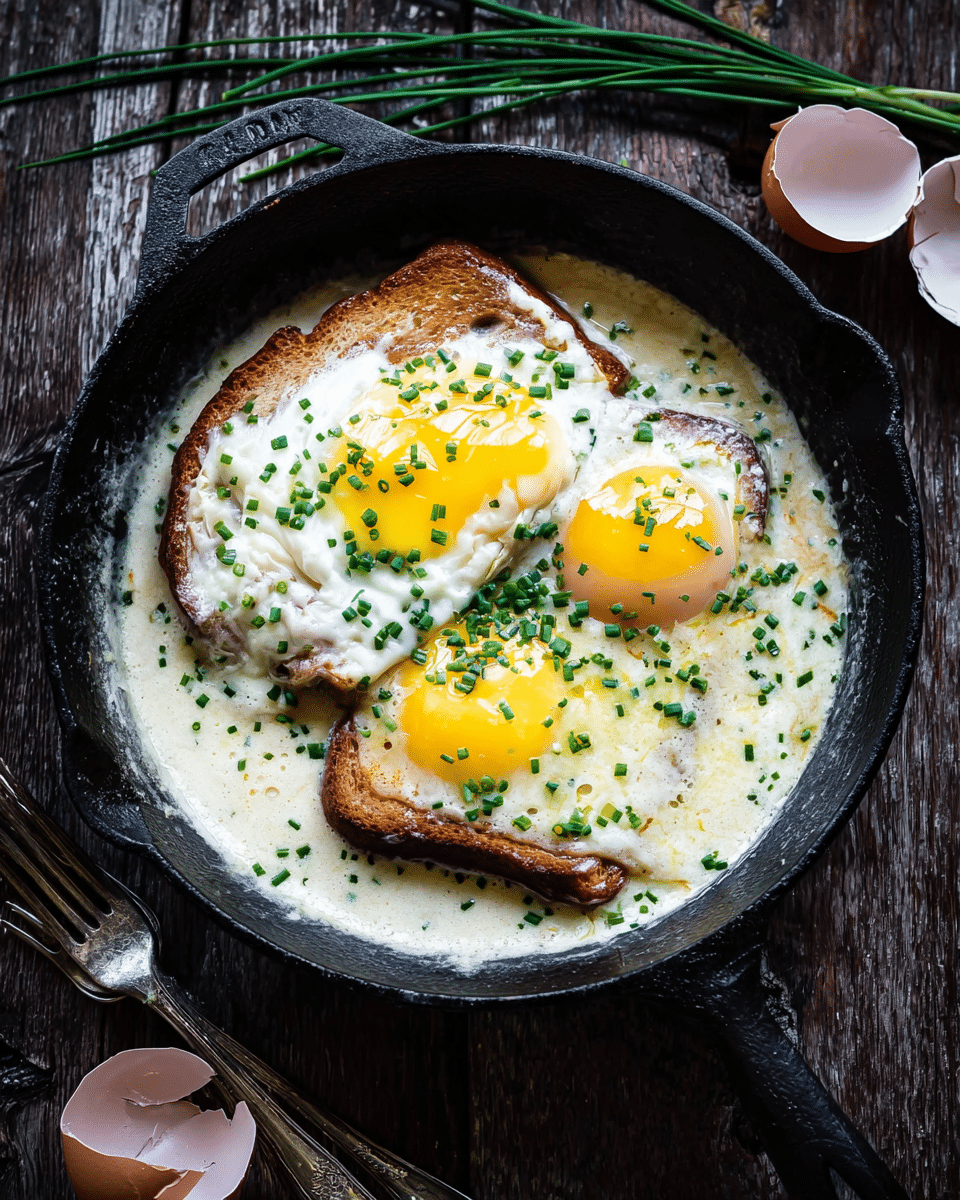 In a black cast iron pan, two slices of fried toast are topped with four cooked eggs, each with bright yellow yolks and white whites that are slightly browned around the edges; the toast and eggs sit in a creamy, cheesy white sauce filling the bottom of the pan, sprinkled with finely chopped green chives for a fresh touch. The pan rests on a dark wooden surface with some eggshells and forks nearby, and a few long green chives stretch above for decoration. Photo taken with an iphone --ar 4:5 --v 7