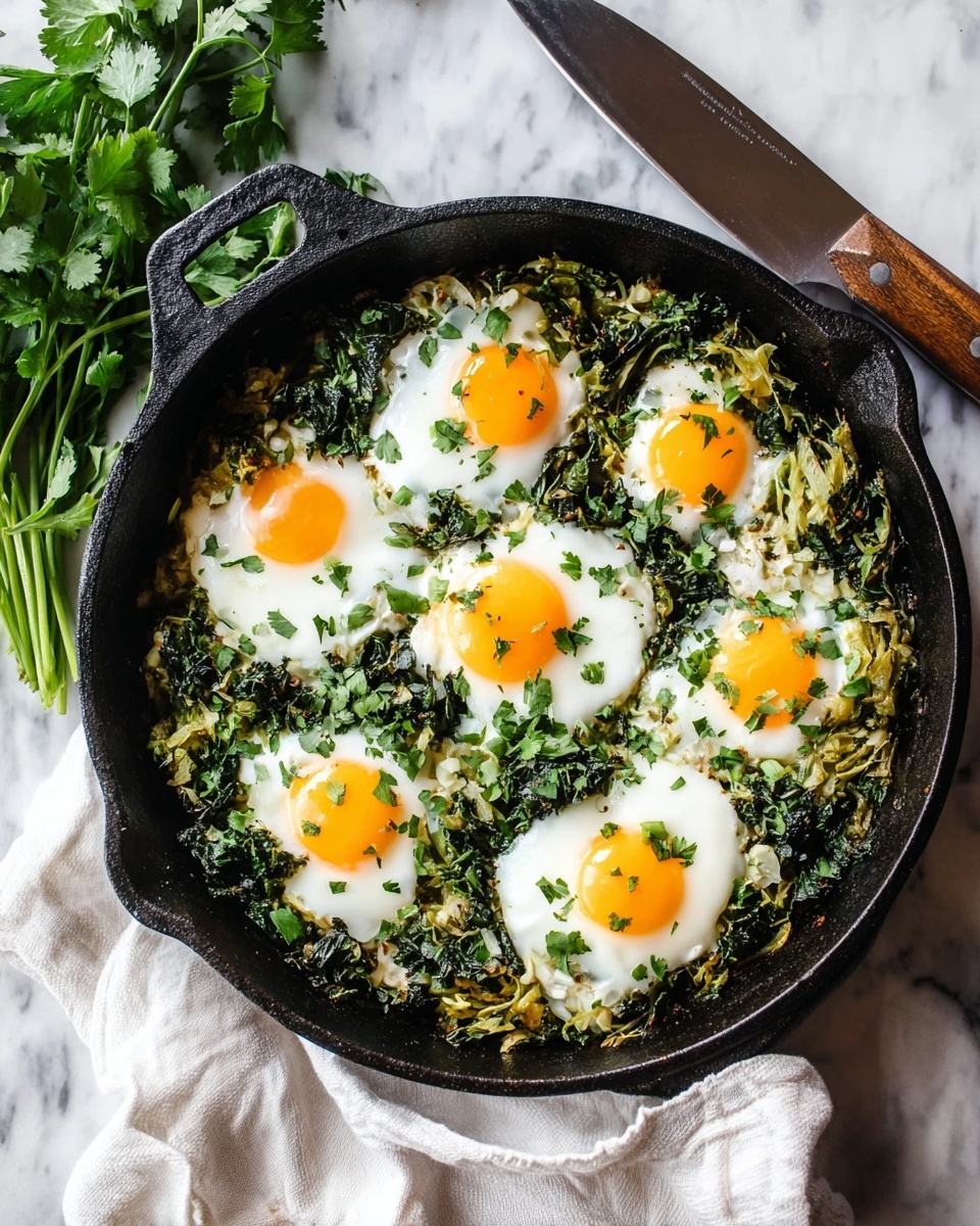 A black cast iron pan filled with a cooked mix of green leafy vegetables and shredded cabbage forming the base layer with a soft, wilted texture, topped by five sunny-side-up eggs evenly spaced across the pan. The eggs have bright, shiny orange yolks and firm, white edges, sprinkled with small chopped green herbs. The pan rests on a white marbled surface, with a large kitchen knife placed nearby and a bunch of fresh cilantro partially visible at the top left corner. A white cloth is casually beside the pan, adding a soft element to the scene. Photo taken with an iphone --ar 4:5 --v 7