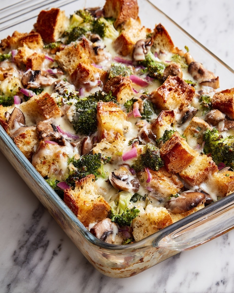 A clear rectangular glass baking dish filled with a layered casserole. The top layer is a mix of toasted golden brown bread chunks, green broccoli pieces, small brown mushroom slices, and bits of red onions scattered evenly. The base layer appears soft and creamy with a melted cheese texture holding the vegetables and bread together. The dish sits on a white marbled surface, showing a warm, rustic baked meal. photo taken with an iphone --ar 4:5 --v 7