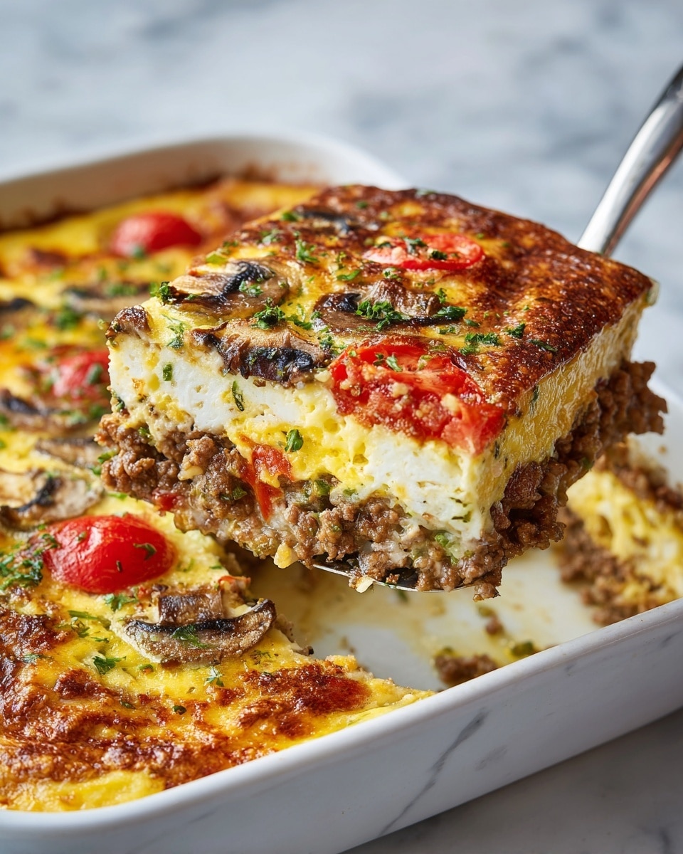The image shows a close-up of a baked casserole being lifted with a metal spatula from a white ceramic dish. The casserole has several layers: the bottom layer is creamy and light yellow, likely eggs or cheese, topped with a thick middle layer of mixed cooked ground meat and chopped vegetables in brown and red tones. The top layer is golden brown with small pieces of red tomatoes and dark mushroom slices scattered over it. The texture looks soft and a bit crispy on top. The dish sits on a white marbled surface. photo taken with an iphone --ar 4:5 --v 7
