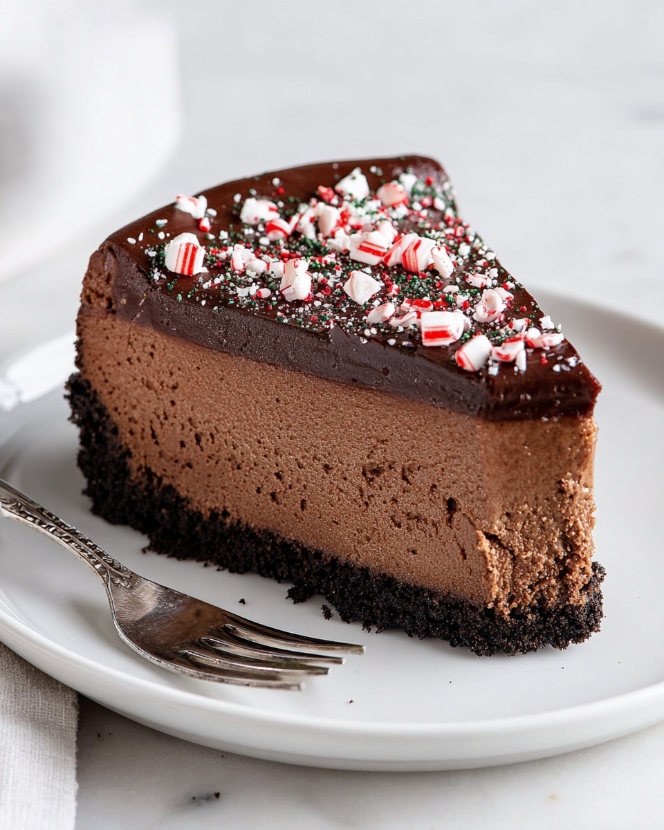 A thick slice of chocolate cheesecake sits on a white plate with a few cake crumbs and small bits of crushed peppermint around it. The cheesecake has three layers: a dense, dark crumbly chocolate crust at the bottom, a thick middle of smooth, rich chocolate cheesecake in a light brown color, and a thick top layer of shiny dark chocolate ganache sprinkled with crushed white and red peppermint pieces. On the plate, a fork with a small bit of cake on its prongs lies to the right of the slice. The background and surface show a white marbled texture. photo taken with an iphone --ar 4:5 --v 7