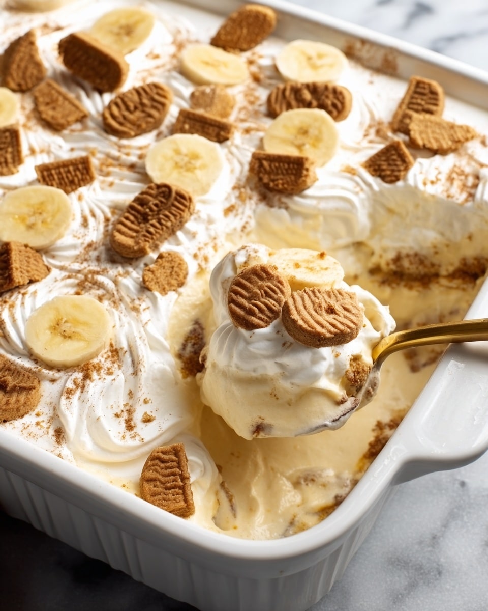 A white baking dish filled with a creamy layered dessert topped with sliced bananas and broken pieces of brown cookies, scattered evenly across the smooth, white cream surface. The dessert appears to have a soft, fluffy texture with visible layers inside, including dark brown and cream-colored layers, shown where a spoon has scooped out a portion. A golden spoon held by a woman's hand is dipping into the dessert, highlighting its creamy consistency. The dish sits on a white marbled surface. photo taken with an iphone --ar 4:5 --v 7