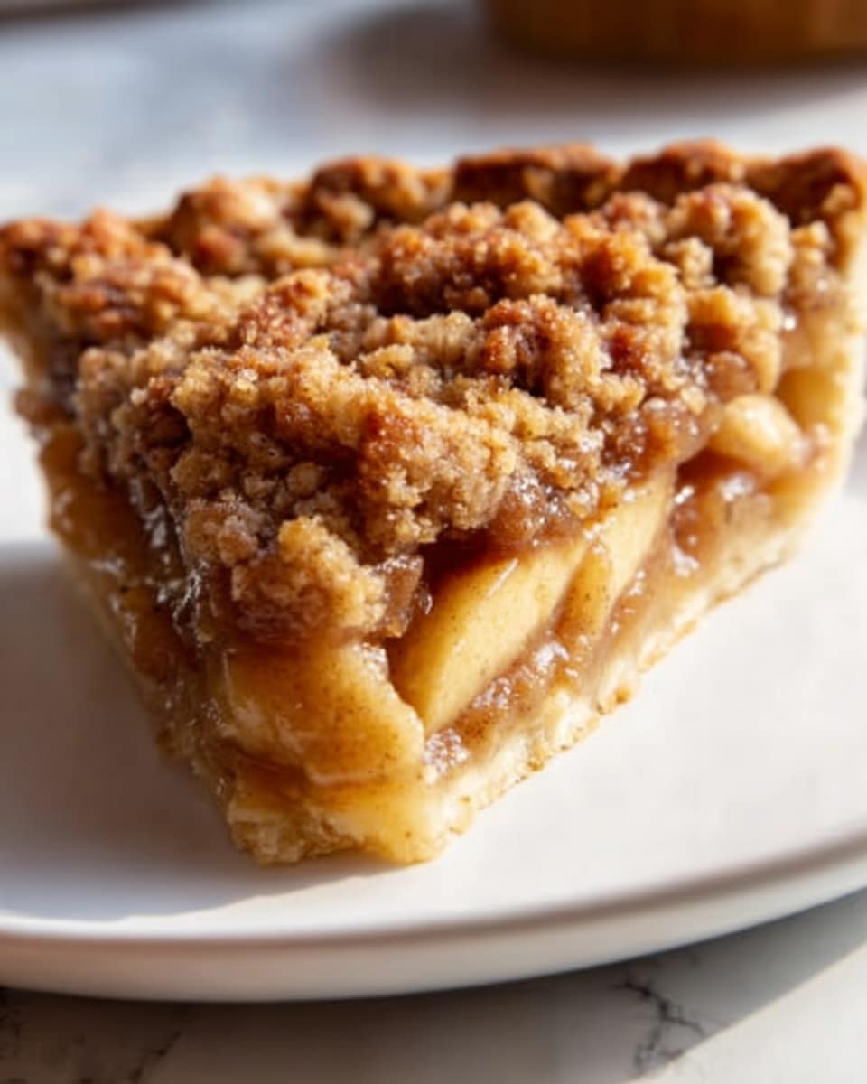 The image shows a close-up slice of apple crumb pie on a white plate, set on a white marbled surface. The bottom layer is a light golden, thick crust with a slightly crumbly texture. Above the crust is a thick, juicy layer of cooked apple slices in a soft, amber-colored sauce that looks sticky and sweet. The top layer is a crumbly, golden-brown streusel topping with a rough texture and small lumps, giving the pie a crunchy finish. Light falls on the pie slice, highlighting the textures and warm colors. Photo taken with an iphone --ar 4:5 --v 7