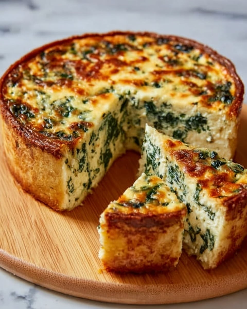 A round quiche with a golden brown, slightly crispy crust sits on a wooden board. The top layer is melted cheese with patches of browned spots. Inside, multiple layers of light yellow creamy egg mixed with dark green spinach are visible, showing a soft and fluffy texture. Part of the quiche has been sliced and removed, revealing the thickness of the layers inside. The background shows a blurred white marbled texture surface with a white plate and a small potted plant in soft focus. Photo taken with an iphone --ar 4:5 --v 7