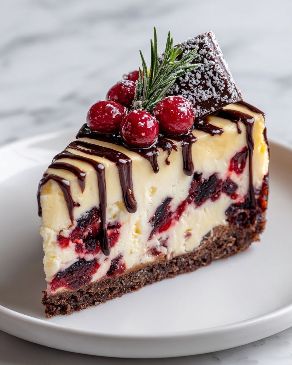 The image shows a slice of cheesecake with three clear layers: a dark brown crumbly crust at the bottom, a thick creamy white layer with swirls of red berries and darker spots spread throughout the middle, and a smooth pale yellowish-white top layer. The top is decorated with a few glossy red berries, a sprig of green rosemary, and a small piece of dark chocolate dusted with powdered sugar. Thin lines of dark chocolate drizzle overlay the top surface. The slice rests on a simple white plate, set against a white marbled textured background. Photo taken with an iphone --ar 4:5 --v 7