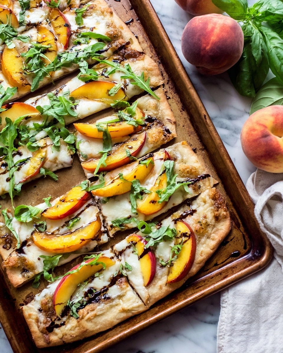 The image shows a thin, rectangular flatbread pizza cut into six long slices, placed on a baking sheet. The base layer is a golden brown crust with a slightly crisp texture. On top, there is a melted white cheese layer with a smooth and creamy look covering most of the flatbread. Fresh slices of yellow and red peaches, arranged in neat rows on four slices, add bright yellow and red colors, contrasting with the white cheese. Green basil leaves and arugula are scattered on top, giving a fresh green color and leafy texture. The pizza is drizzled with a dark balsamic glaze, adding a shiny, sticky finish. In the background, there are two whole peaches and a white cloth on a white marbled surface. photo taken with an iphone --ar 4:5 --v 7