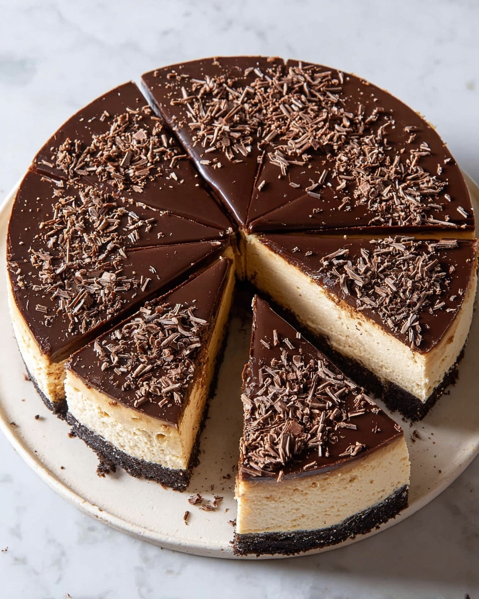 A round cheesecake cut into eight slices sits on a white marble surface, with one slice slightly pulled out to show its layers. The bottom layer is a dark and crumbly crust, followed by a thick, creamy beige cheesecake layer. The top is covered with a smooth, glossy chocolate ganache sprinkled with fine chocolate shavings, evenly spread across the entire surface. The cake has clean, sharp edges, and the ganache slightly drips down the sides. Photo taken with an iphone --ar 4:5 --v 7