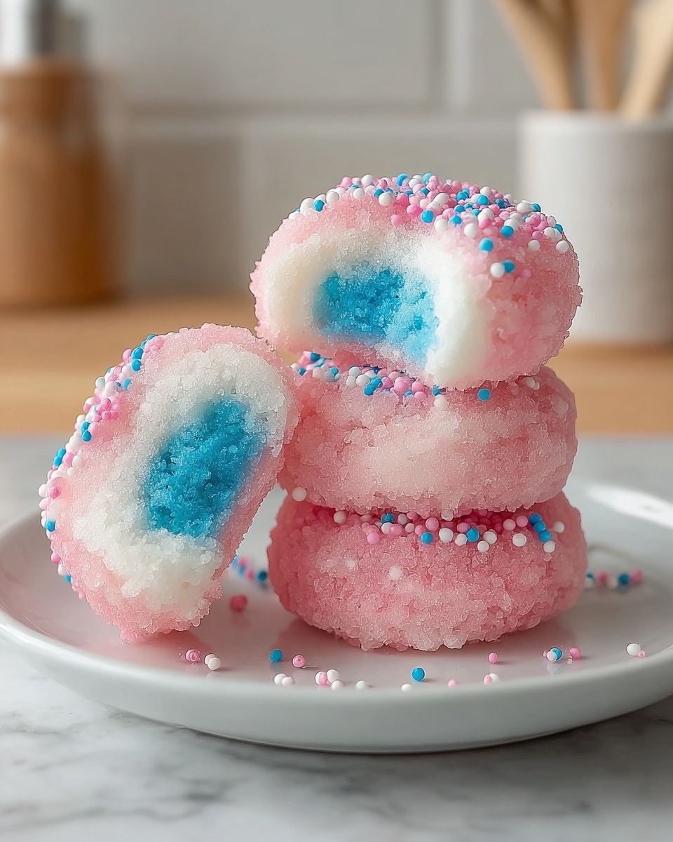 The image shows three round rice cakes stacked on a white plate, each with three visible layers: a blue inner center with a smooth texture, surrounded by a white layer, and topped with a light pink outer layer sprinkled with small, colorful round sprinkles in pink, blue, and white. Two of the rice cakes are cut open to clearly show the blue center and white middle layers, while one rice cake remains whole on top. The plate is placed on a wooden surface with a blurred background that includes kitchen utensils and a window. photo taken with an iphone --ar 4:5 --v 7