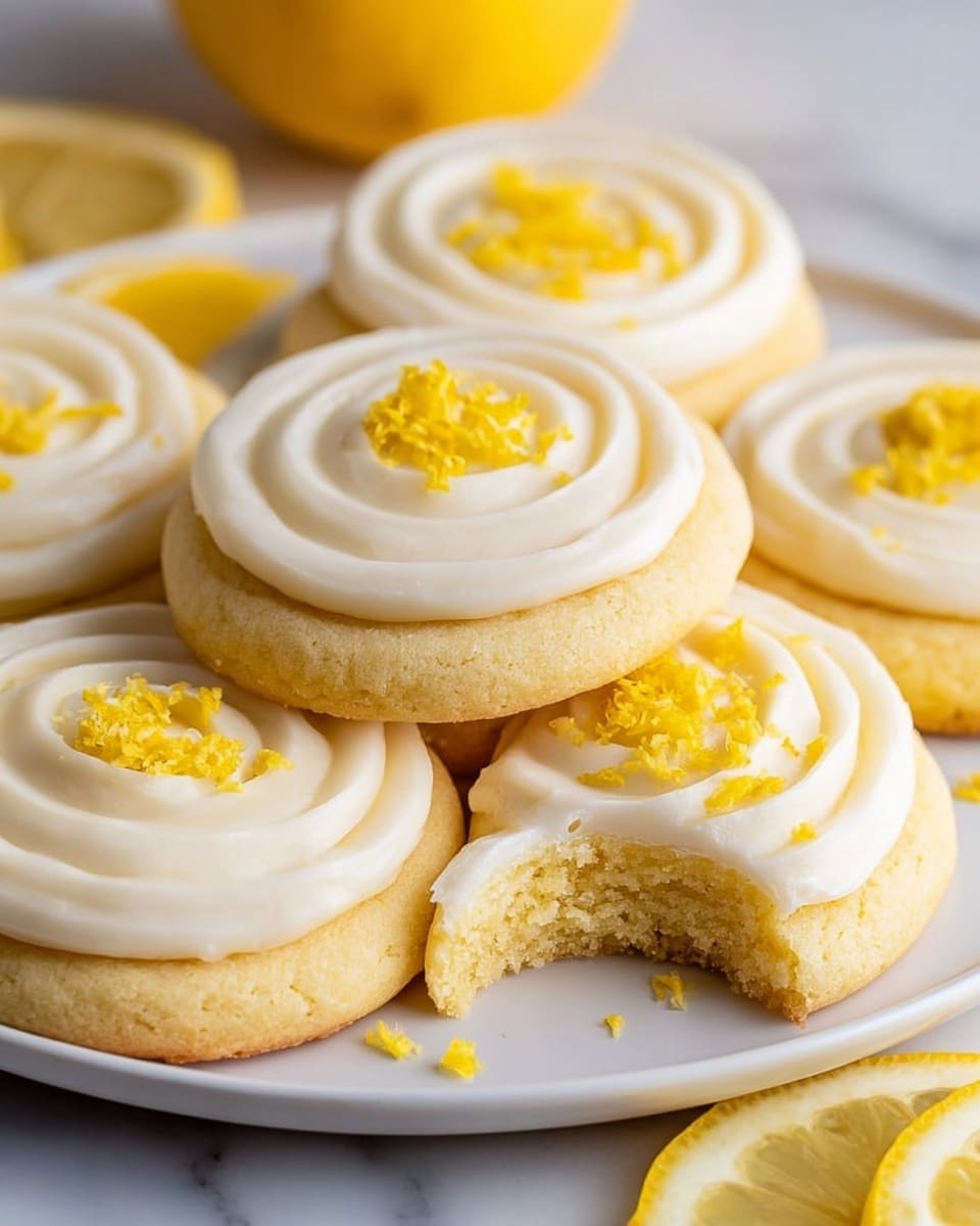 A white round plate holds multiple lemon cookies, each cookie has a thick base layer of soft yellow dough and a smooth, creamy white swirl of frosting on top, finished with small pieces of bright yellow lemon zest sprinkled over the frosting. One cookie is stacked partially on another with a bite taken out of it, showing a soft textured inside. The plate is on a white marbled surface with some lemon zest scattered around and out-of-focus lemon halves in the background. photo taken with an iphone --ar 4:5 --v 7