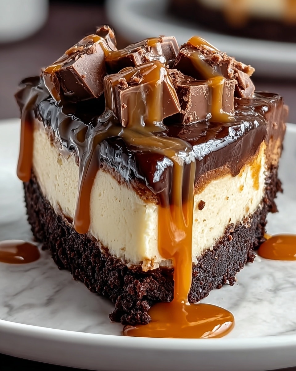 A thick slice of dessert with three clear layers sits on a white plate over a white marbled surface. The bottom layer is dark, crumbly, and dense like a chocolate crust. Above it is a smooth, creamy, light beige cheesecake layer in the center. The top layer is a glossy dark chocolate ganache, shiny and thick, dripping down the sides. On top of the ganache lie multiple small chunky pieces of dark chocolate, with rich golden caramel sauce generously drizzled over them and running down the sides of the slice, pooling slightly on the plate. photo taken with an iphone --ar 4:5 --v 7
