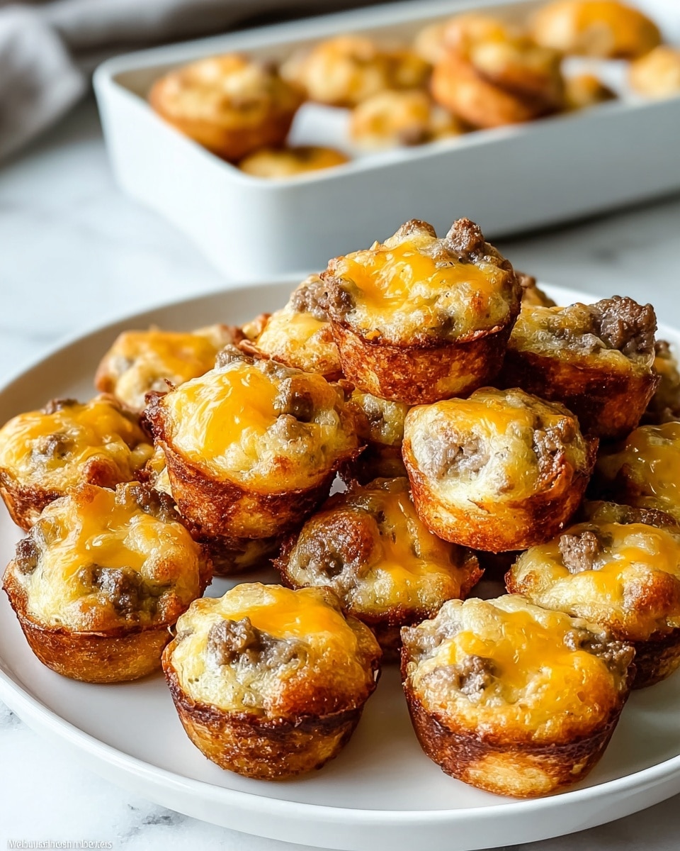 A white plate holds about twenty small muffin-shaped bites, each with a golden brown base and a slightly crispy texture. The tops are a light golden color, dotted with pieces of browned sausage, and each muffin is finished with a small melted patch of bright orange cheddar cheese, giving a glossy and appetizing look. The plate rests on a white marbled surface with a cloth underneath, and in the background, a white rectangular dish holds more of the same bites, slightly out of focus. photo taken with an iphone --ar 4:5 --v 7