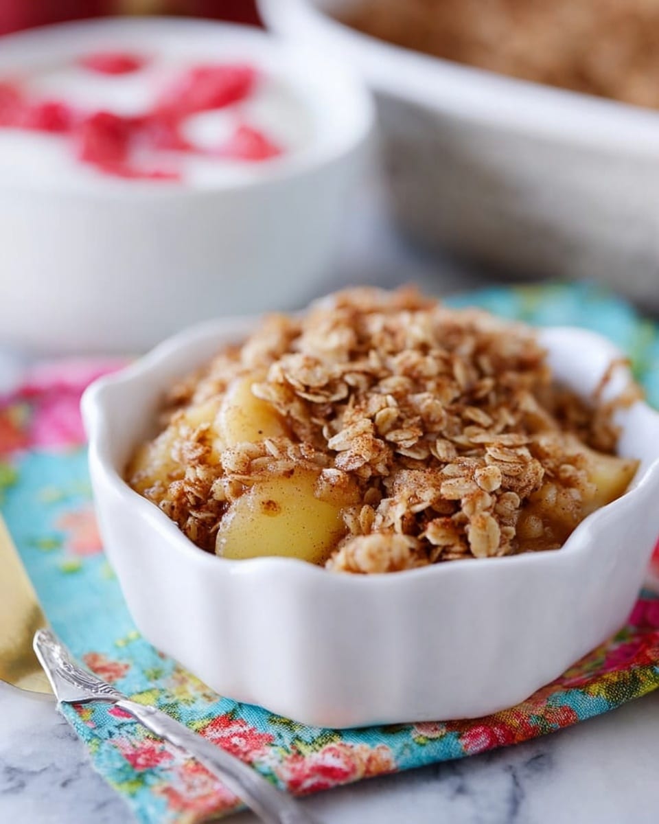 A close-up image of a white small round dish filled with a textured oat crumble dessert that has golden chunks of cooked apple mixed throughout. The oats appear slightly sticky with a light brown color, showing hints of cinnamon or spice. The dish sits on top of a colorful cloth napkin with red, green, yellow, and blue patterns placed on a surface replaced with a white marbled texture. A blurred white bowl with blue geometric patterns and red fruit pieces in yogurt is visible in the background. photo taken with an iphone --ar 4:5 --v 7
