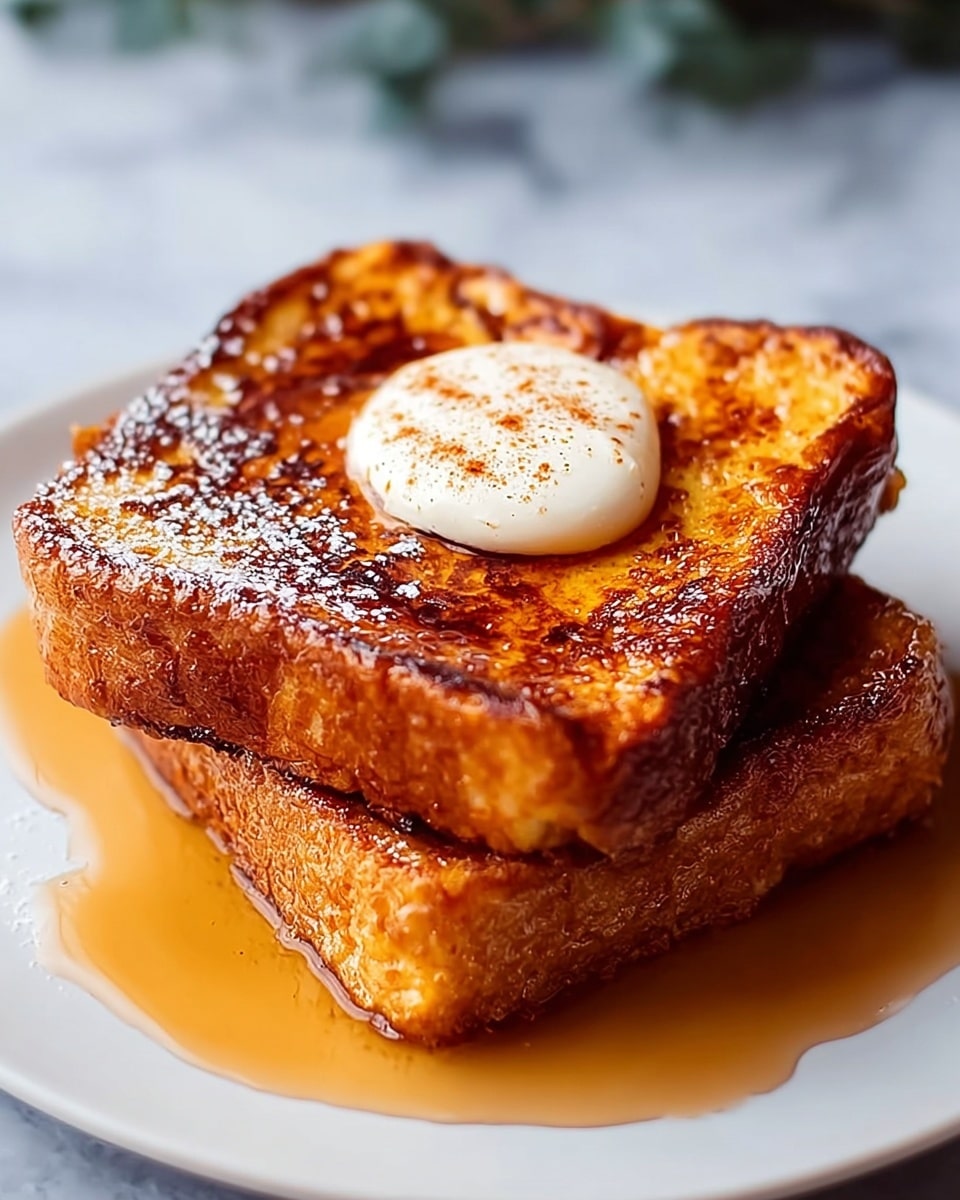 Two thick slices of French toast are stacked on a white plate, each slice showing a golden-brown, slightly crispy texture with darker caramelized spots. The top slice has a dollop of creamy butter in the center, which is melting slightly, and the toast glistens with a generous pour of amber syrup that pools around the edges and drips slightly down the sides. The toast looks fluffy inside with a nicely browned crust. The background is a white marbled texture. photo taken with an iphone --ar 4:5 --v 7