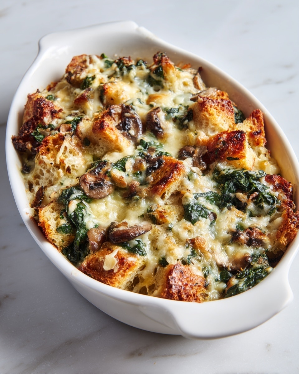 A white oval dish filled with a baked bread pudding that has multiple layers of golden brown bread chunks mixed with wilted green spinach leaves and small pieces of sautéed brown mushrooms. The top layer is golden and slightly crispy with melted cheese that has a light yellow color, creating a textured surface with some browned spots. The dish rests on a white marbled surface. photo taken with an iphone --ar 4:5 --v 7
