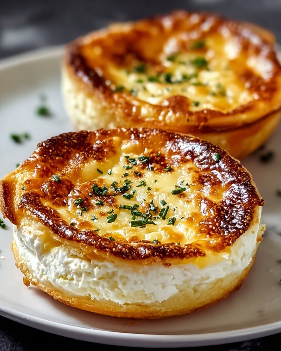 The image shows two small, round cheese tarts on a black plate, placed on a white marbled texture. Each tart has three visible layers: a golden brown, slightly crispy crust at the base; a thick, white creamy layer of cheese in the middle that looks soft and fluffy; and a top layer that is browned and glossy with melted cheese, decorated with small green herb pieces and a few black pepper specks. The surface of the melted cheese has a slightly uneven, bubbly texture with some darker browned spots. Photo taken with an iphone --ar 4:5 --v 7
