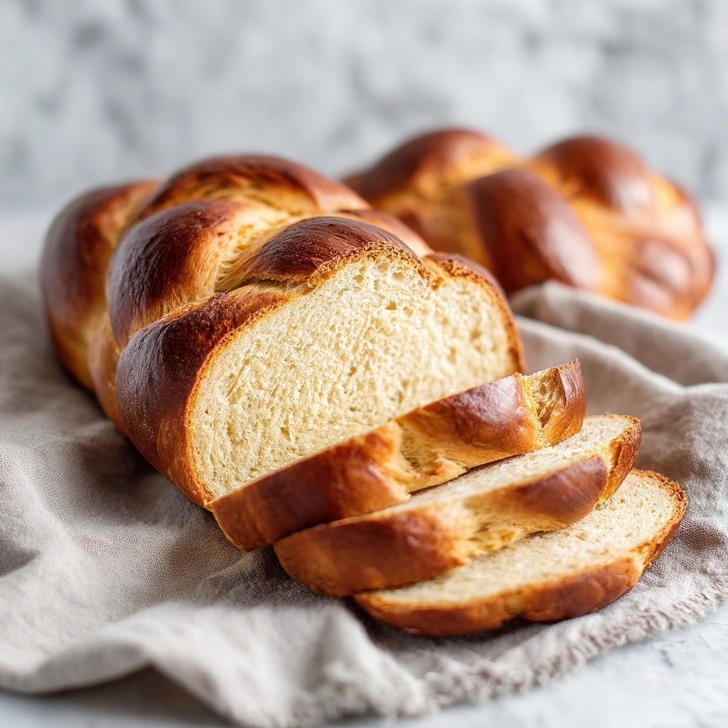 Two large pieces of shiny, golden-brown sourdough challah sit on a soft, light gray cloth over a white marbled surface. Between the two halves are four slices of bread showing a light beige, slightly airy inside with small holes. Above the bread, a small clear glass bowl holds dark golden honey with a wooden honey dipper resting inside. The bread pieces have a braided texture with smooth, glossy crusts. photo taken with an iphone --ar 4:5 --v 7