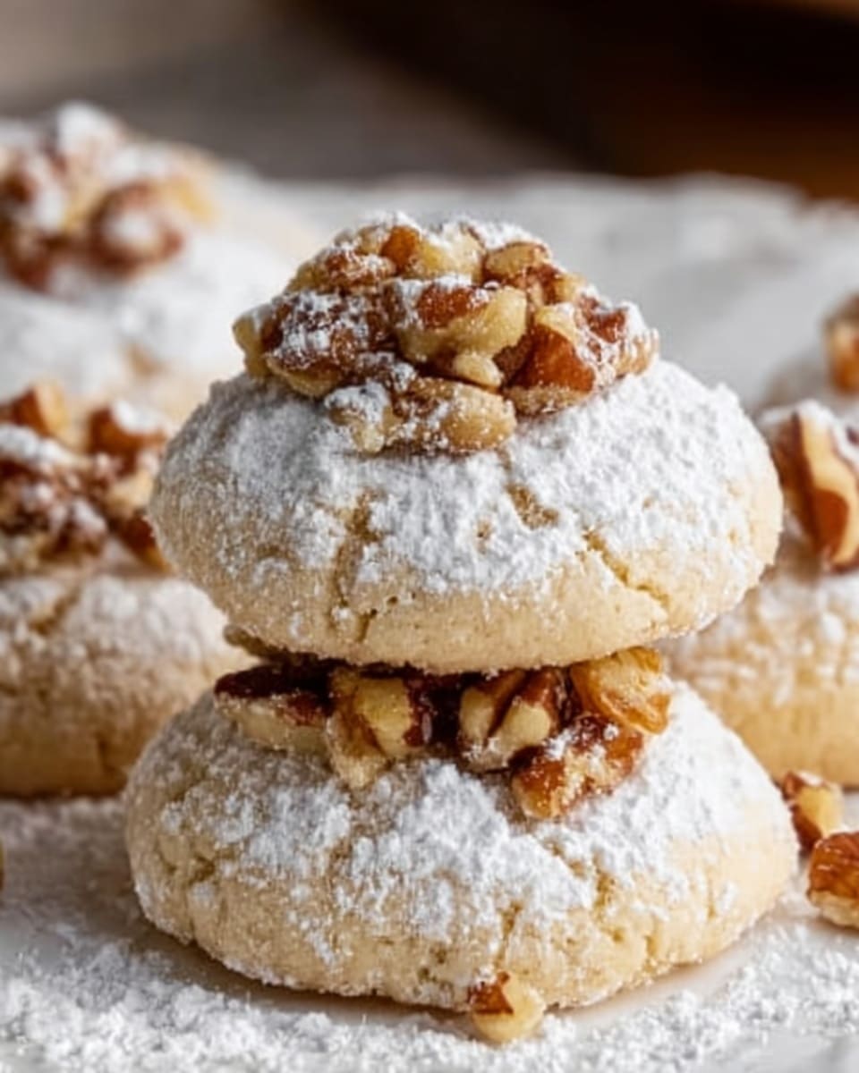The image shows a close-up of three soft cookies stacked on a white marbled surface. Each cookie is round and light golden brown with a soft, crumbly texture. They are dusted generously with powdered sugar, giving them a snowy white appearance on top. At the center of each cookie, there are several pieces of chopped pecans, adding a rough, crunchy texture and a deep brown color contrast. The cookies look fresh and homemade, arranged casually with one cookie sitting slightly on top of the other two. Photo taken with an iphone --ar 4:5 --v 7