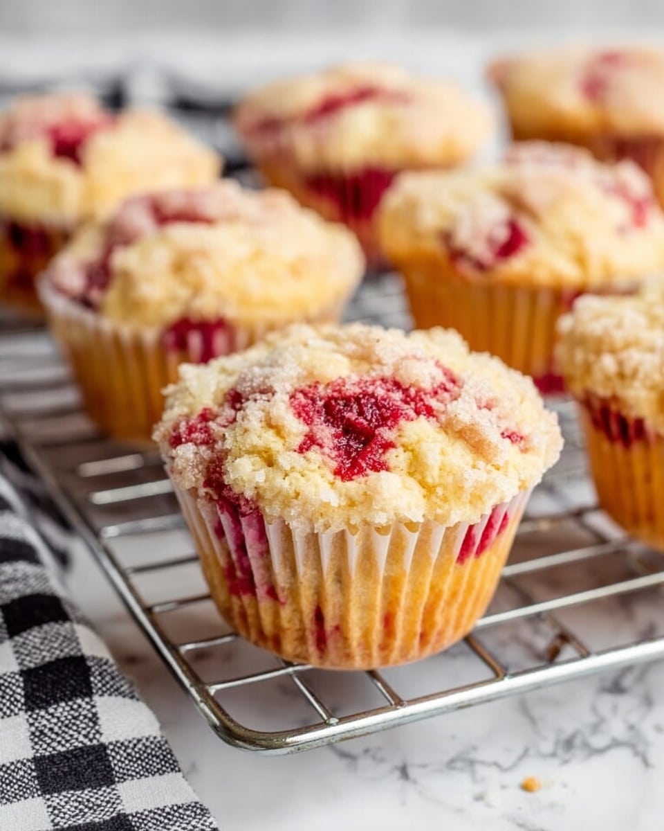 The image shows a close view of a muffin with a crumbly, light golden brown top sprinkled with sugar, and bits of red fruit visible near the surface. The muffin sits in a yellow paper liner with ribbed texture, and the cake part inside is pale yellow with streaks of red fruit pieces extending down through the sides. Several similar muffins are blurred in the background on a white metal cooling rack. The rack is on a white marbled surface with a white cloth featuring black stripes loosely placed nearby. Photo taken with an iphone --ar 4:5 --v 7