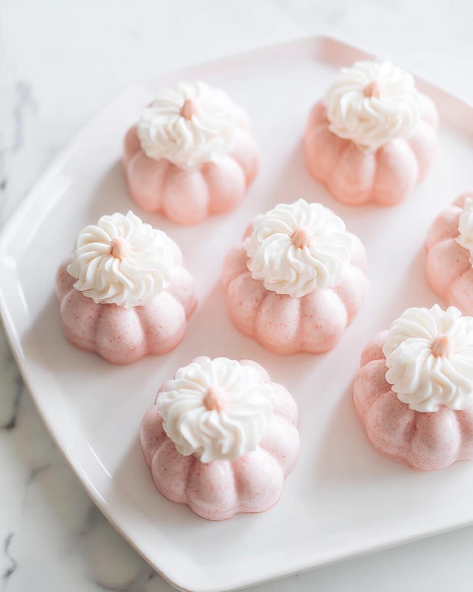 The image shows six small round desserts placed on a white plate set on a white marbled surface. Each dessert has two layers: a bottom layer that is light pink and smooth with a slightly glossy finish, shaped like a fluted mold, and a top layer of white cream piped in a flower pattern, soft and fluffy in texture. The desserts are evenly spaced on the plate, and the light gives a soft, bright look to the whole scene. photo taken with an iphone --ar 4:5 --v 7