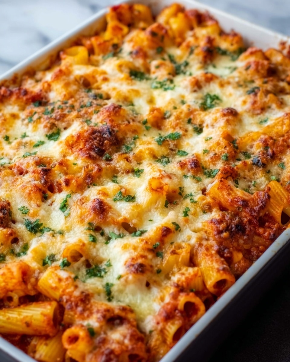 The image shows a baked pasta dish in a black rectangular pan placed on a white marbled surface. The pasta is rigatoni, covered in a layer of melted cheese that is golden and bubbly, mixed with bits of green herbs sprinkled evenly on top. The sauce underneath is red and chunky, with visible tomato pieces peeking through the pasta tubes. The cheese layer appears thick and creamy, with some browned spots indicating baking. Overall, the dish looks rich and freshly cooked. Photo taken with an iphone --ar 4:5 --v 7