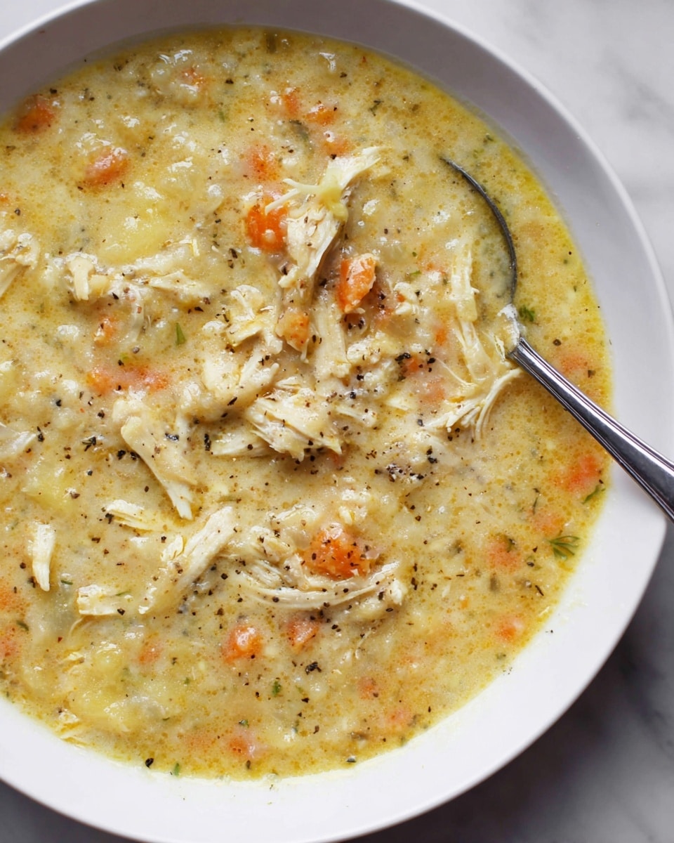 A close-up of a white bowl filled with a thick, chunky chicken stew, showing about three layers: a creamy base with bits of soft vegetables in pale yellow and orange colors, shredded pieces of tender white chicken scattered on top, and small black herb specks throughout. A silver spoon is partially inside the bowl on the right side, slightly dipping into the stew. The bowl sits on a white marbled surface, creating a bright and clean background. photo taken with an iphone --ar 4:5 --v 7