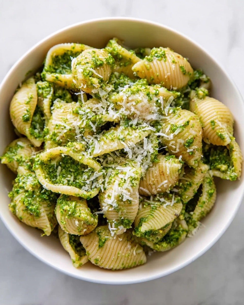 A white bowl filled with shell pasta covered generously in a bright green pesto sauce with a slightly chunky texture, mixed evenly throughout the pasta. On top of the green pesto and pasta, there is a layer of finely grated white cheese scattered lightly. The bowl is placed on a white marbled surface. photo taken with an iphone --ar 4:5 --v 7