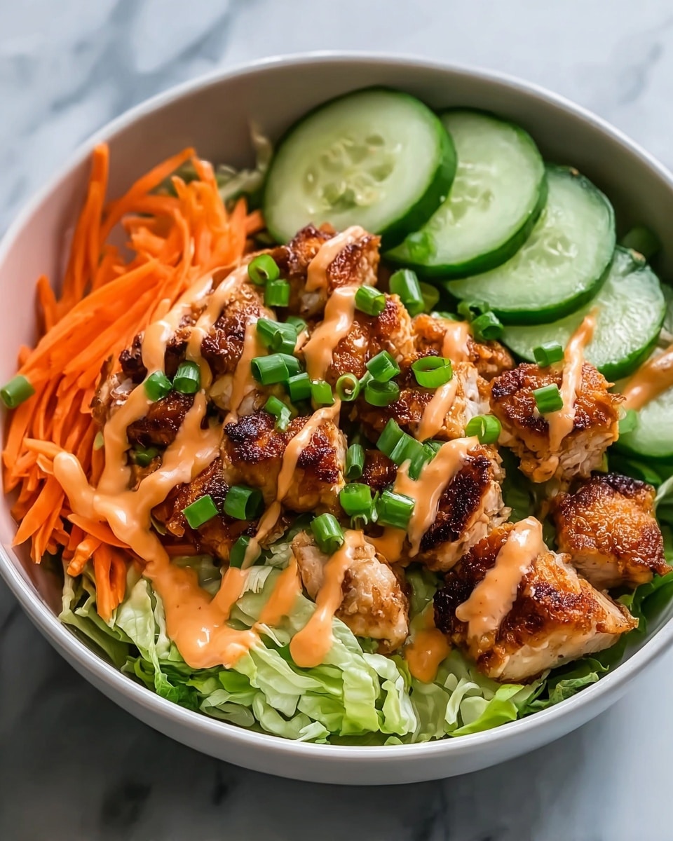 The image shows a white bowl filled with a colorful salad layered with different ingredients. The bottom layer is made of fresh green lettuce leaves covering the whole bowl. On top of the lettuce, there are slices of cucumber arranged in a row on one side. Next to the cucumber, there are shredded orange carrots neatly placed. In the center, there are pieces of grilled chicken with a crispy, golden-brown texture, slightly charred on the edges. The chicken is drizzled with a creamy light brown sauce and sprinkled with small chopped green onions for garnish. The bowl sits on a white marbled surface. photo taken with an iphone --ar 4:5 --v 7