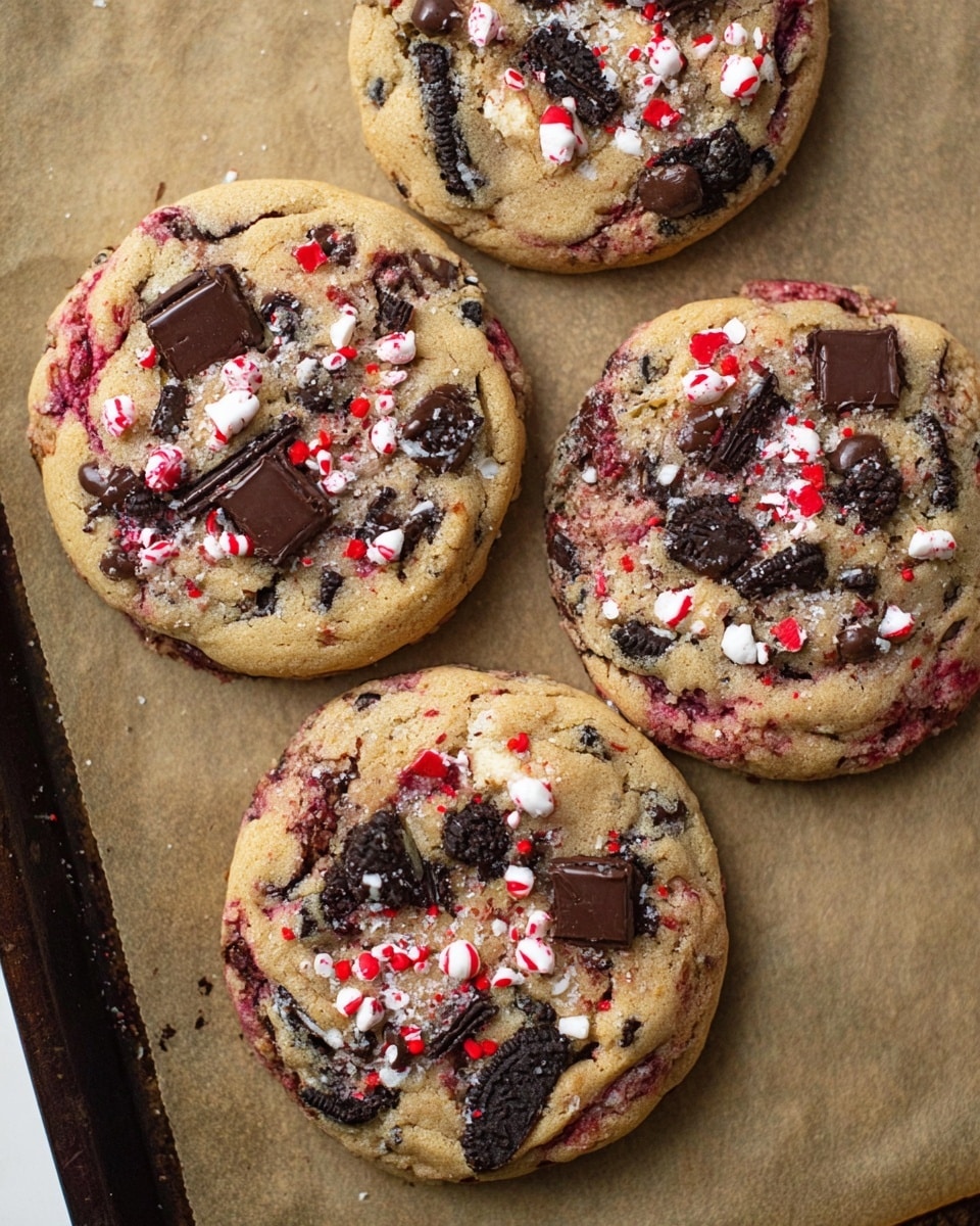 Four round cookies with a golden-brown base are placed on brown baking paper and a dark baking tray. Each cookie shows a textured surface filled with chunks of dark chocolate pieces, broken black and white cream sandwich cookie bits, and small bits of red and white candy scattered across the top, giving a colorful and rich look. The cookies have a slightly cracked texture with melted chocolate dollops and vibrant red spots within the dough, making them look fresh and soft. photo taken with an iphone --ar 4:5 --v 7