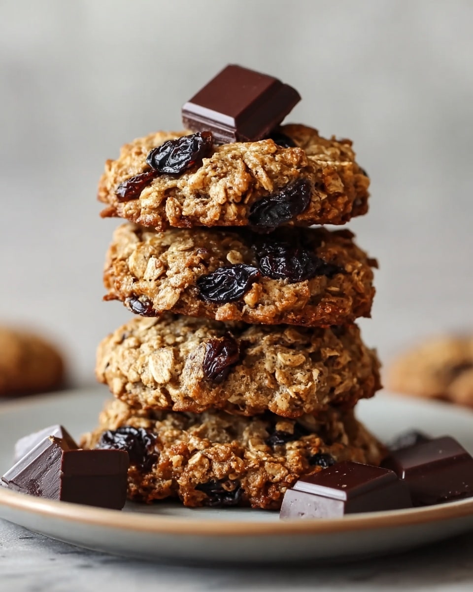 A stack of four thick oatmeal cookies with visible oats and dark raisins is shown on a white plate, each cookie textured with a rough, golden-brown surface. The top cookie has a piece of dark chocolate resting on it, and around the plate are several chunks of dark chocolate. The cookies have a crunchy and chewy look, with raisins scattered throughout each layer. The scene is set against a white marbled texture background. photo taken with an iphone --ar 4:5 --v 7