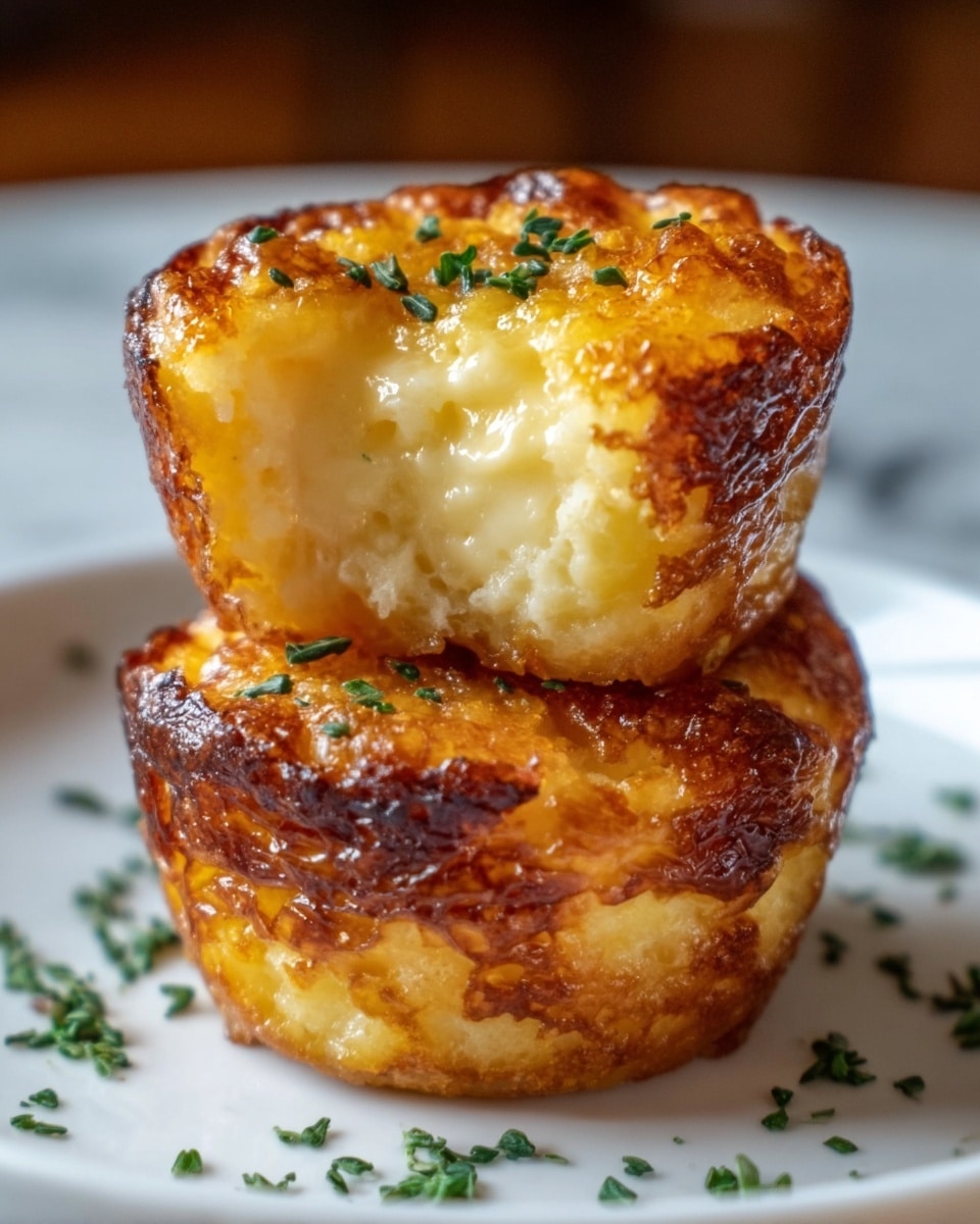 The image shows two golden brown, crispy mini cheese cups stacked on a white plate. Each cup has a crunchy outer layer with small bits of green herbs sprinkled on top and visible inside. The inside layer is creamy and gooey, with melted cheese that looks soft and slightly browned in spots. The cups have a round shape, and the texture contrasts between the crunchy outside and smooth, cheesy inside. The background is a white marbled surface with soft lighting. Photo taken with an iphone --ar 4:5 --v 7