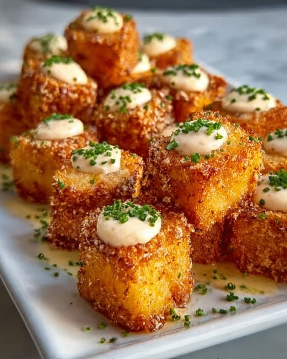 The image shows a white plate with several golden-brown fried tofu cubes, each topped with a light beige sauce. The tofu cubes are evenly coated with a crispy texture, and small green garnishes are sprinkled on top and around the tofu. The cubes are stacked and placed close together on the plate, creating a neat, appetizing arrangement. The background is a white marbled surface. Photo taken with an iphone --ar 4:5 --v 7