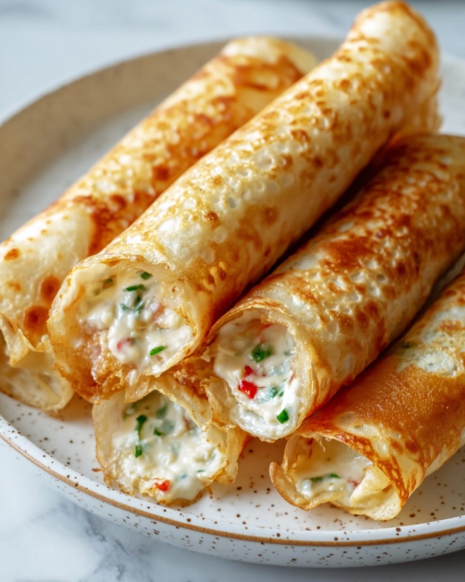 The image shows four golden brown, crispy rolled pastries placed closely together on a white plate with small speckles. Each pastry is filled with a creamy white filling that has small bits of red and green, visible at the open ends. The pastry surface is bubbly and slightly shiny, indicating a fried texture. The plate is set on a white marbled surface. photo taken with an iphone --ar 4:5 --v 7