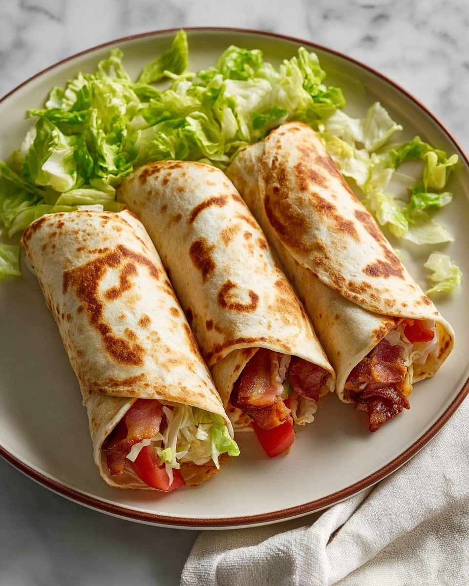 Three rolled burritos sit closely side by side on a white plate with a thin brown rim. Each burrito has a golden-brown toasted flour tortilla with darker char spots. Inside, visible layers include crispy reddish-brown bacon pieces, shredded pale yellow cheese, bright red tomato slices, and light green shredded lettuce. On the side of the plate, there is a fresh pile of leafy green lettuce with a mix of bright and darker green shades, providing a fresh contrast. The scene is set on a white marbled surface with soft natural light highlighting the textures. photo taken with an iphone --ar 4:5 --v 7