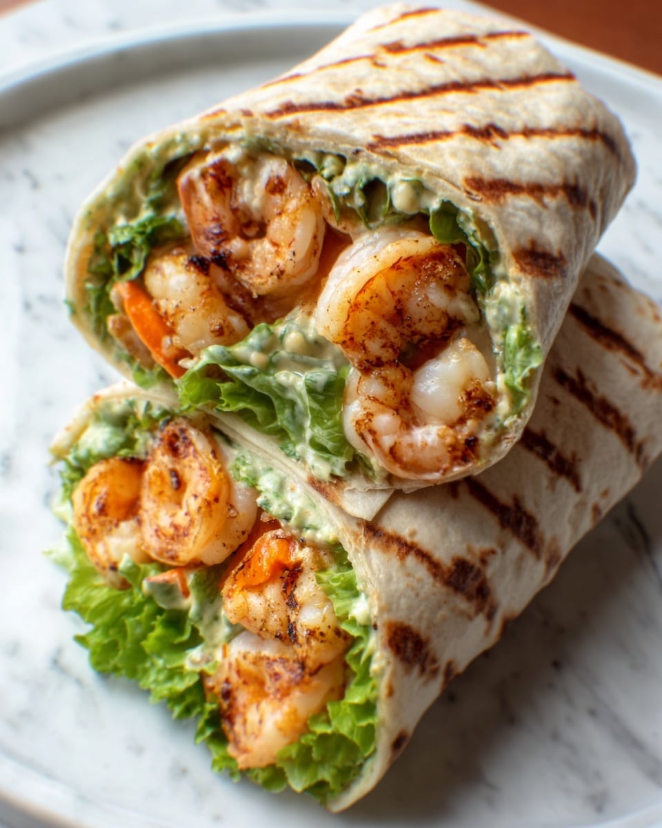 The image shows two shrimp wraps placed on a white plate on a white marbled surface. Each wrap is made with a soft tortilla that has light brown grill marks on it. Inside, there is a layer of green lettuce leaves lining the wrap, topped with several pinkish-orange grilled shrimp scattered throughout. Along with the shrimp, there are pieces of orange cooked vegetables, possibly bell peppers or carrots, and a creamy light green sauce mixed within. The wraps are cut at an angle, revealing the colorful and textured filling inside. Photo taken with an iphone --ar 4:5 --v 7