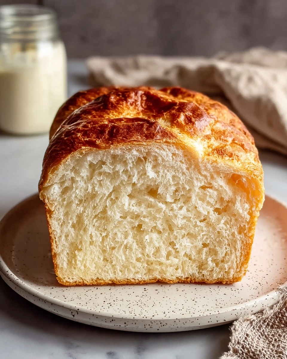 A close-up of a thick slice of soft bread with a golden brown, shiny crust on top that is slightly bumpy and textured. The inside of the bread looks fluffy and pale yellow with many small air holes. It sits on a white plate with dark speckles and a thin brown rim. The plate is placed on a white marbled surface, with a blurred cloth and a glass jar in the background. photo taken with an iphone --ar 4:5 --v 7