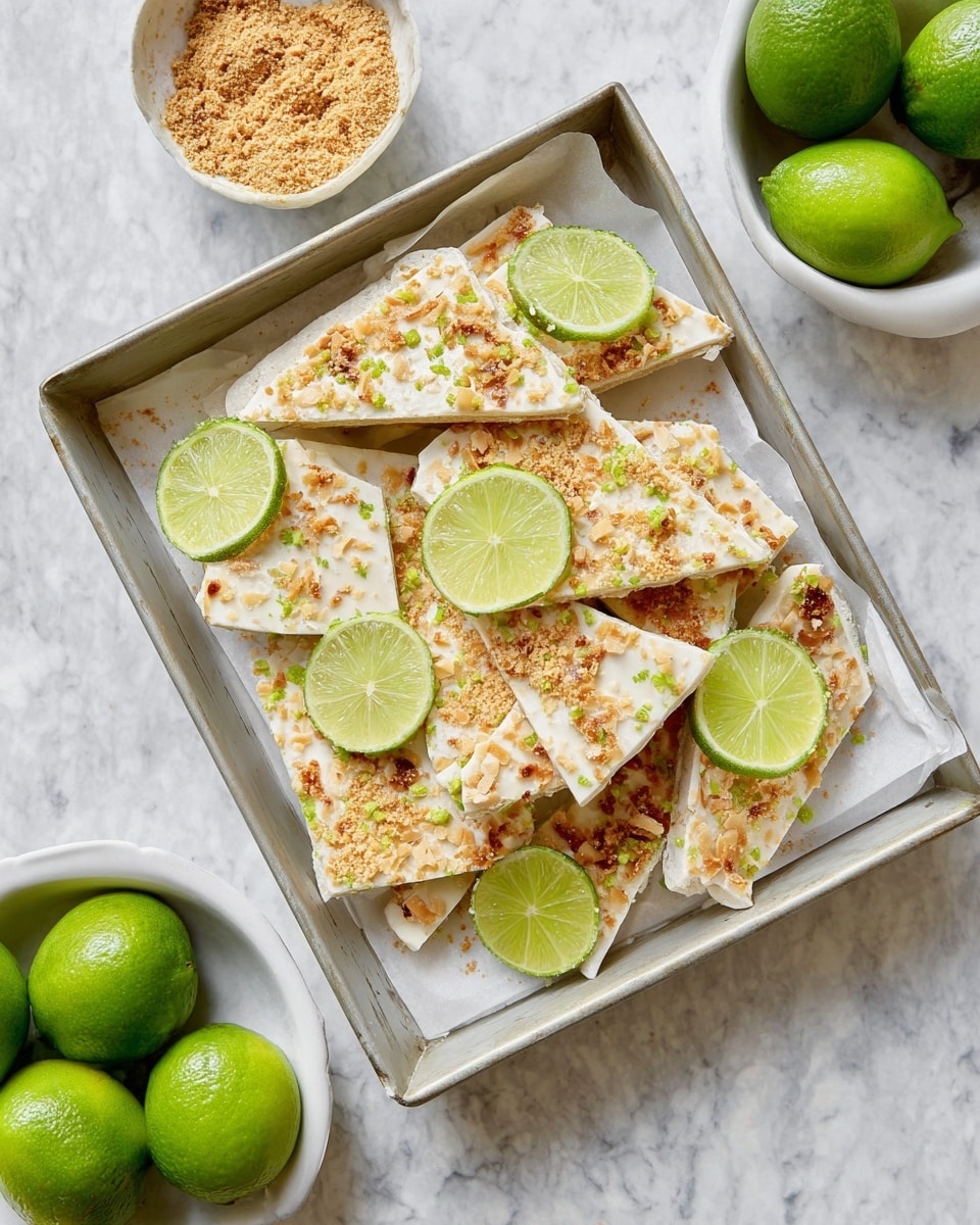 A metal tray lined with white parchment paper holds multiple broken triangular pieces of a creamy white bark topped with scattered crushed brown nuts and green lime zest. Around the bark pieces are bright green lime slices adding a fresh contrast. The tray is set on a white marbled surface with small scattered crumbs and bowls containing brown crumbs and whole bright green limes in the background. The overall look is fresh and textured, with a mix of soft white and vivid green colors on a neutral base. photo taken with an iphone --ar 4:5 --v 7