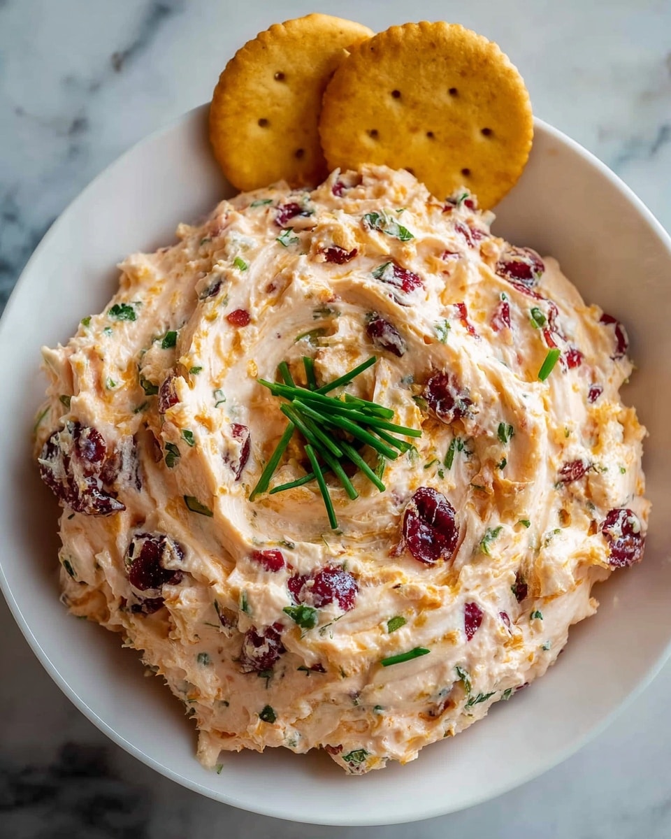 A close-up top view of a thick, creamy dip in a white bowl on a white marbled surface. The dip has one main layer, pale orange in color, with visible small bits of dark red cranberries and chopped green herbs mixed throughout. The surface of the dip is swirled with soft peaks and valleys, garnished with more chopped green herbs on top. Two square orange crackers are partially visible behind the dip, leaning against the inside edge of the bowl. The photo taken with an iphone --ar 4:5 --v 7