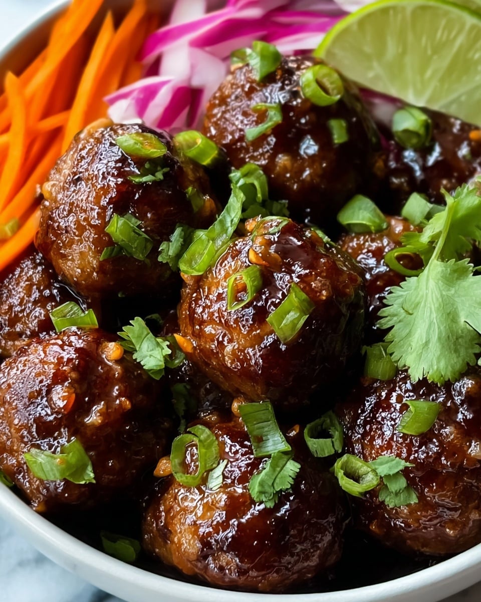 A close-up view of several shiny, glazed meatballs with a dark brown color, garnished with chopped green onions and fresh cilantro leaves scattered on top. Thin strips of orange carrots are arranged to the left side, with some pink and white pickled onions visible beneath the meatballs. A wedge of bright green lime rests among the meatballs, adding a fresh touch. All the food is placed inside a white bowl set on a white marbled surface. photo taken with an iphone --ar 4:5 --v 7