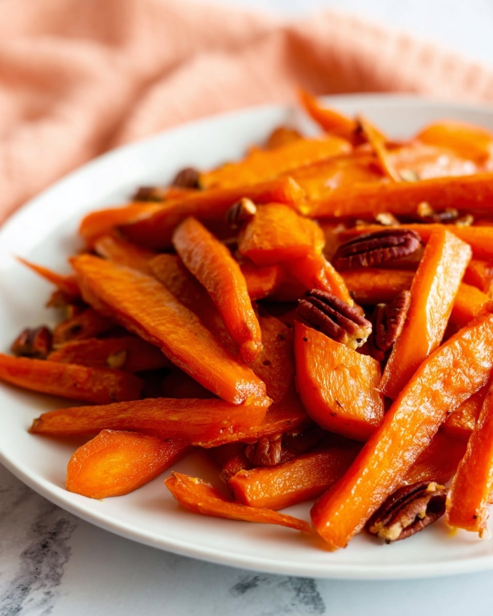 A white plate full of roasted carrot sticks, cooked to a soft texture with a light caramelized finish, showing a bright orange color with a slight brown edge. Mixed among the carrots are whole pecans, dark brown and glossy, adding more texture and visual interest to the dish. The plate sits on a white marbled surface with a soft beige cloth in the blurred background, creating a warm and inviting feel. photo taken with an iphone --ar 4:5 --v 7