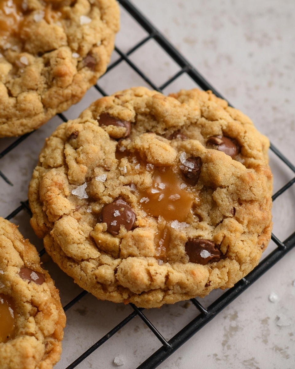 The image shows soft baked cookies cooling on a black wire rack placed on a white marbled surface. Each cookie has a light golden brown color with a slightly rough texture and visible chocolate chips embedded throughout. The center of the cookies has a shiny, caramel-like gooey spot that contrasts nicely with the drier edge. Some coarse salt flakes are sprinkled on top, adding texture and a touch of sparkle. The cookies are round with a slightly uneven shape, showing their homemade quality. The photo is a close-up, focusing on the top two cookies, emphasizing their soft and chewy appearance. photo taken with an iphone --ar 4:5 --v 7