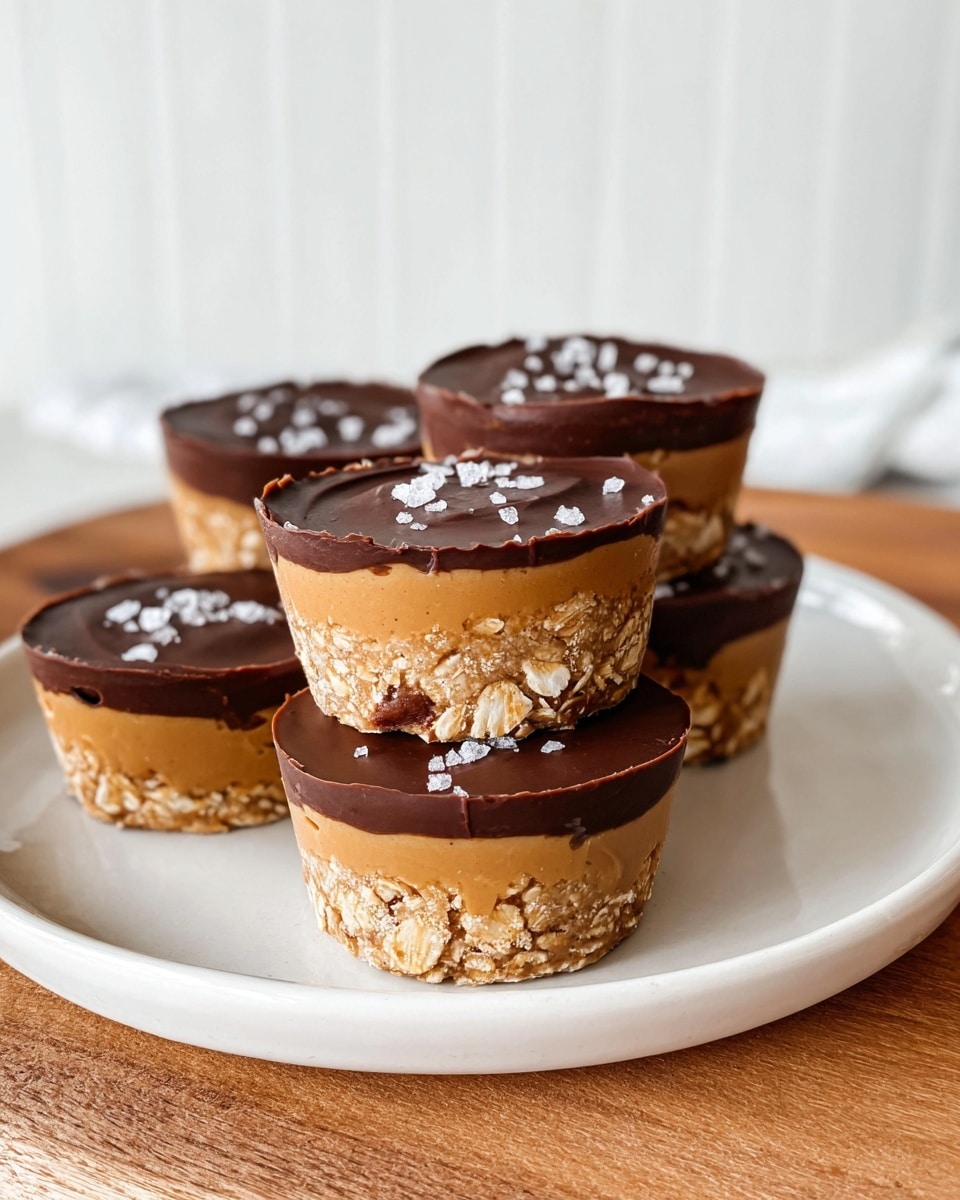 The image shows several small round treats stacked in a group on a white plate, which sits on a wooden surface with a white marbled background. Each treat has three layers: the bottom layer is light brown and crumbly with visible oats, the middle layer is smooth and creamy light brown, and the top layer is a shiny dark chocolate with a few flakes of sea salt sprinkled on it. The stack is made of three treats, and there are a few more around the plate, showing the layers clearly from the side. photo taken with an iphone --ar 4:5 --v 7