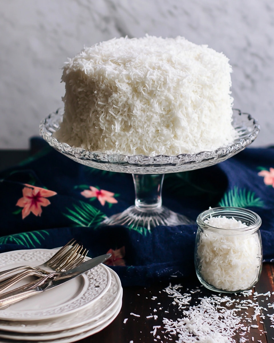 A tall, round cake covered completely in thick white frosting and coated with a dense layer of shredded coconut flakes that create a soft, fluffy texture, sitting on a clear glass cake stand with a scalloped edge. In front of the stand, a small clear glass jar filled with extra coconut flakes is placed on a dark wooden surface scattered lightly with more coconut. To the left, a stack of white plates with silver forks rests near the cake. A dark blue cloth with a floral pattern lies beneath the cake stand, adding a splash of color. The background is a simple black, making the white cake and coconut flakes stand out clearly. photo taken with an iphone --ar 4:5 --v 7