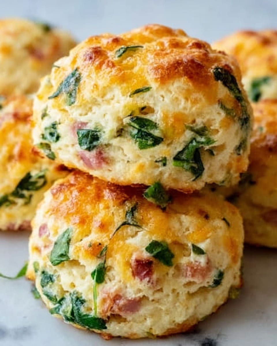 The image shows a close-up of two small, round savory scones stacked on top of each other. The scones have a golden-brown crust with visible bits of melted cheese on top, giving them a slightly shiny texture. The dough appears soft and fluffy, speckled throughout with green spinach leaves, small pink pieces of ham, and dark bits that might be olives or herbs. The background has a white marbled texture, highlighting the warm colors of the scones. photo taken with an iphone --ar 4:5 --v 7