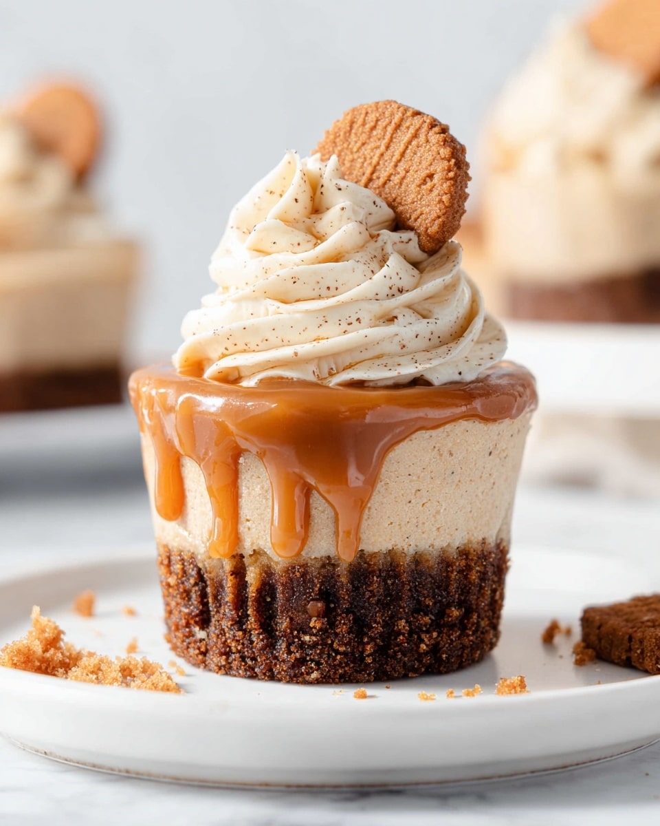 A single cupcake is shown on a white speckled round plate over a white marbled surface. The cupcake has three main layers: a dark brown crumbly base, a thick light brown middle layer with a dense texture, and a shiny caramel-colored drip layer on top that runs slightly down the sides. The cupcake is topped with a light cream-colored swirled frosting sprinkled with small brown crumbs. A small round biscuit with a textured edge is placed leaning on the frosting. The background has a soft, bright look with blurred cupcakes in soft focus. Photo taken with an iphone --ar 4:5 --v 7