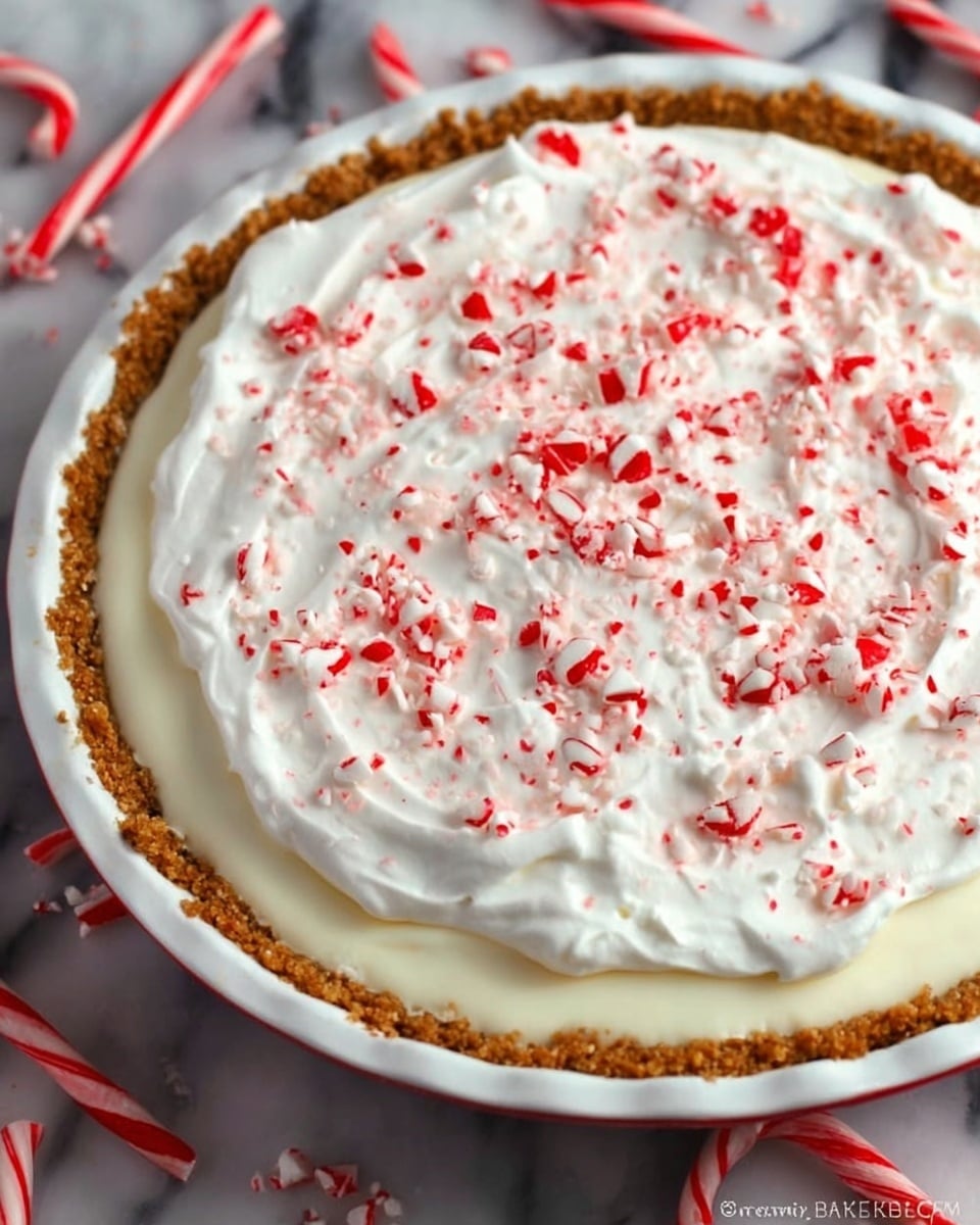 The image shows a close-up of a pie with three layers, placed on a white marbled surface. The bottom layer is a light brown crumbly crust that looks crunchy and thick, lining the pie pan’s edge. The middle layer is creamy and white, soft and smooth, covering the crust evenly. The top layer is whipped cream with a swirled texture, generously spread, and sprinkled with small red and white crushed candy pieces all over. Around the pie on the white marbled background are several small pieces of red and white striped candy canes. Photo taken with an iphone --ar 4:5 --v 7