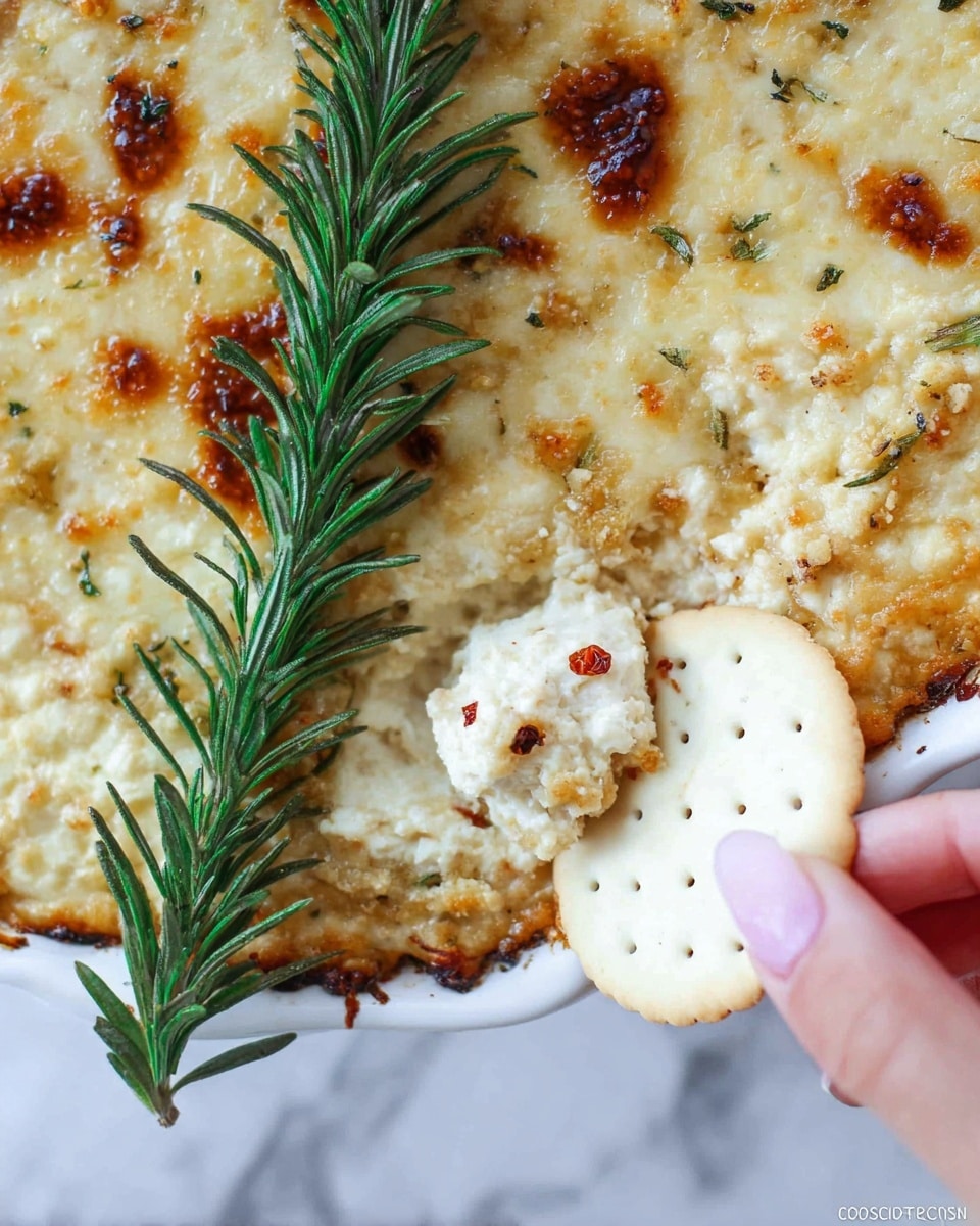 The image shows a close-up of a golden-brown baked cheese layer with a slightly crispy and bubbly surface, dotted with small browned spots. On top of this cheese, there is a fresh green sprig of rosemary lying vertically, adding contrast with its needle-like leaves. In the bottom right corner, there is a white cracker partially dipped in a thick layer of soft, white cheese that has small bits of red pepper flakes mixed in, giving it a textured, crumbly look. The whole scene is set against a white marbled textured surface. photo taken with an iphone --ar 4:5 --v 7