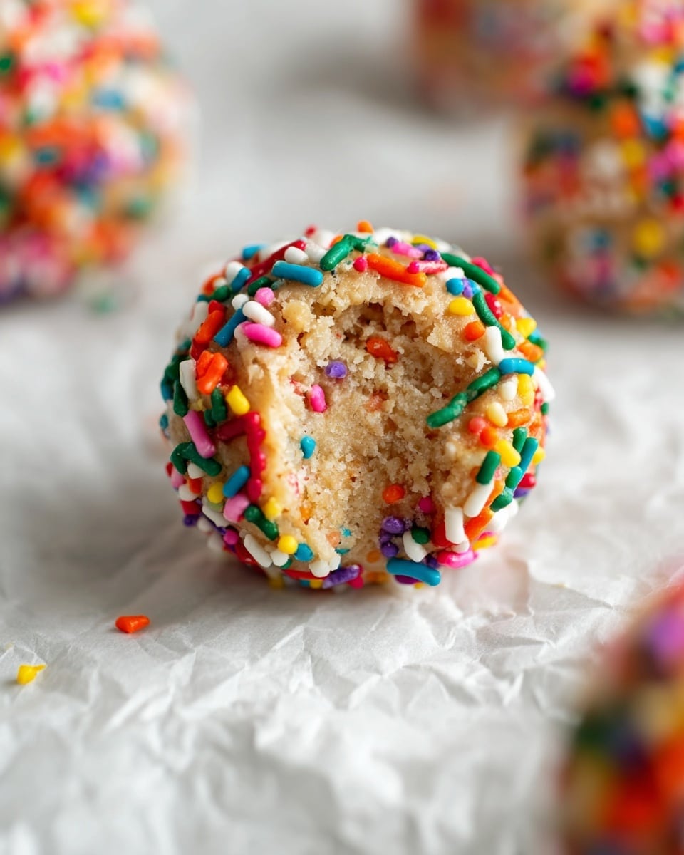 A close-up image of a single round cookie dough ball covered with colorful sprinkles, including small round beads and long cylindrical shapes. The inner dough is light beige and soft with a rough texture, visible where a bite has been taken. The dough ball rests on white parchment paper, with scattered sprinkles around it. In the background, there are more similar sprinkled dough balls blurred out, all set on a white marbled surface. photo taken with an iphone --ar 4:5 --v 7