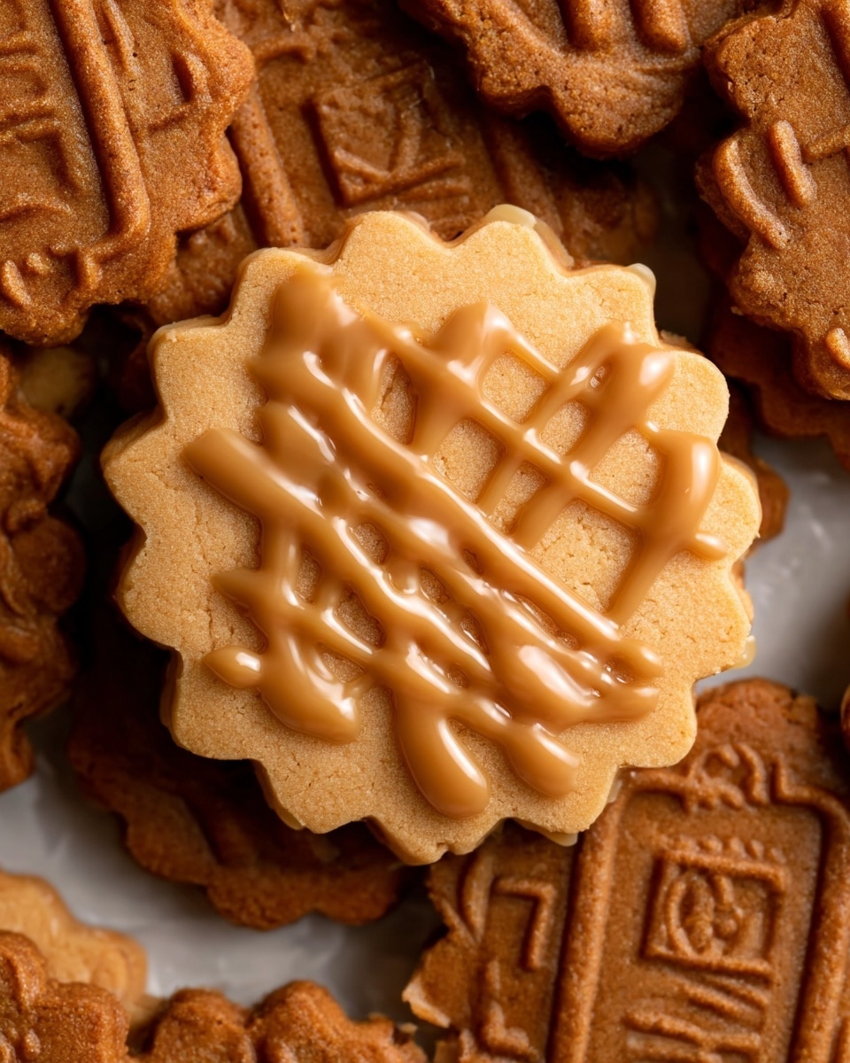 The image shows a close-up of a single round cookie with scalloped edges placed on top of many broken pieces of square brown cookies with decorative patterns. The top cookie has two visual layers: the bottom layer is a smooth beige cookie base with a soft, matte texture, and the top layer is a glossy caramel drizzle with a shiny, thick texture in an irregular grid pattern across the cookie's surface. The broken brown cookies underneath have a rough, crumbly texture with embossed designs. The whole scene is set against a white marbled texture. photo taken with an iphone --ar 4:5 --v 7